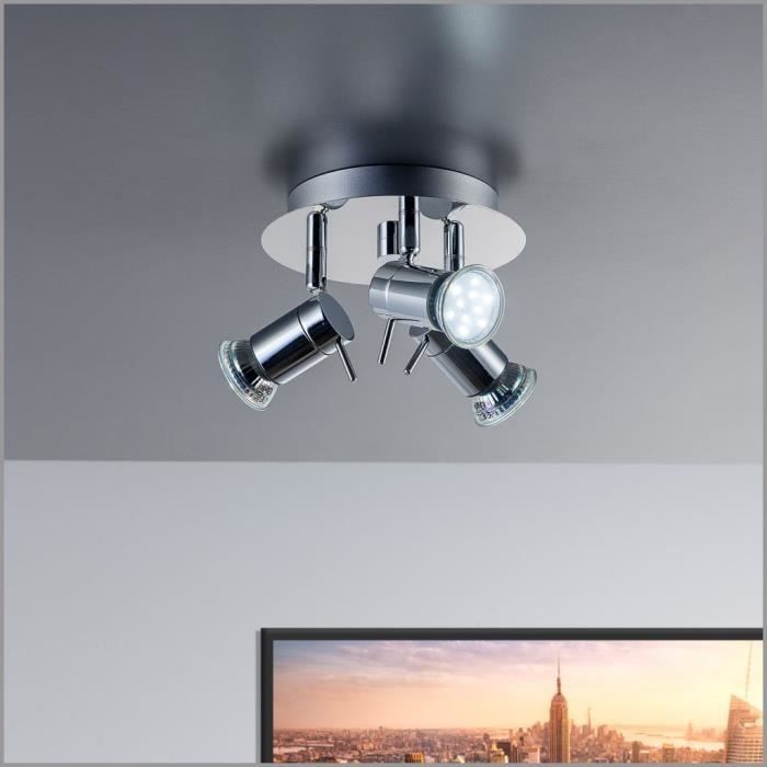 Lámpara de techo LED para baño, cromada, 3 focos regulables, IP44, GU10