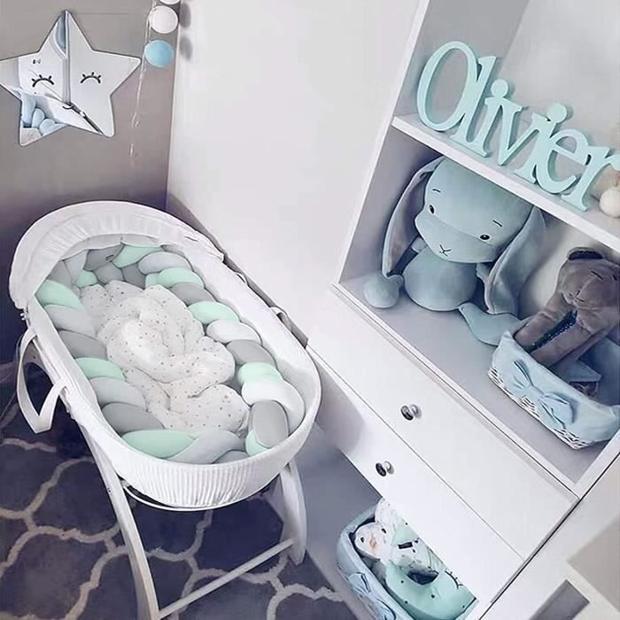 3M Tour de Lit Coussin Serpent Coussin Tressé Pare-chocs Velours Protection Bébé (Blanc gris vert)