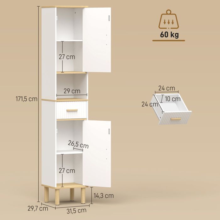 Mueble columna para baño - HOMCOM - 2 puertas, cajón, compartimento abierto y estante ajustable - madera - 31,5 x 29,7 x 171,5 cm - blanco