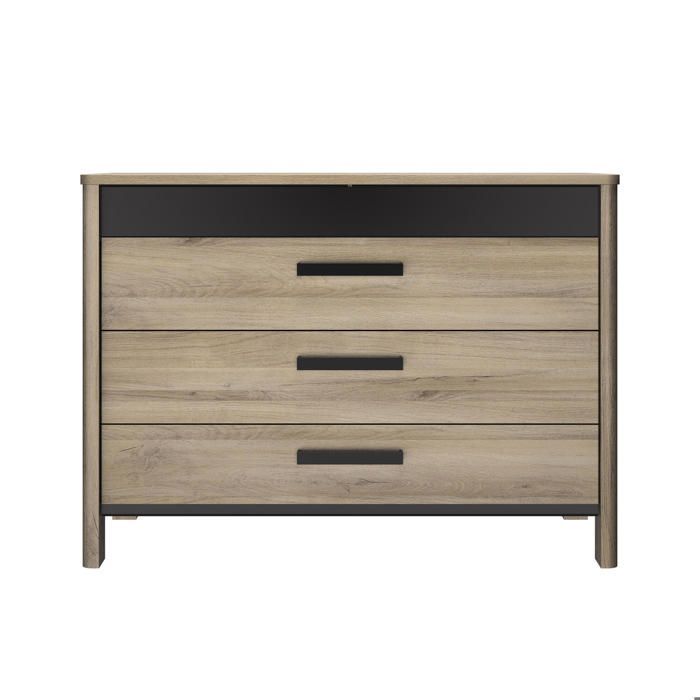 Cómoda con 4 cajones en efecto madera de roble claro con acabado lacado en negro.