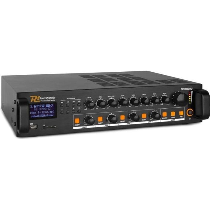 Power Dynamics PDV360MP3 - 100V 4 Zone Mixer Amplifier, 360W, FM/BT/USB/SD/MP3