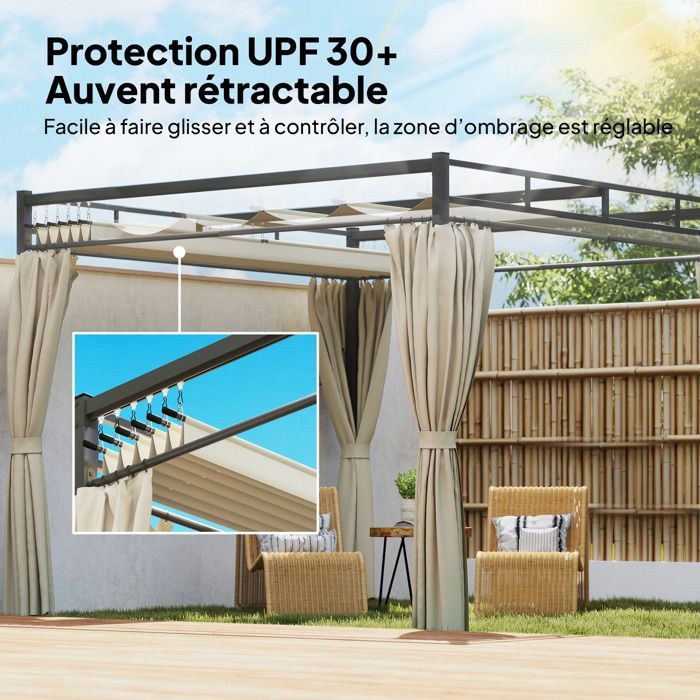 Garden pergola - outdoor garden gazebo - Outsunny - retractable roof, 4 curtains, UV30+ protection - steel - 3x3m - beige