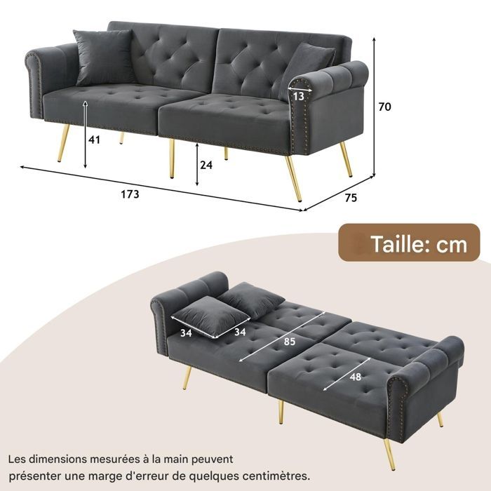 Sofá convertible - RAVAS - Sofá de 2 plazas - Terciopelo gris - Respaldo ajustable - Espacio de almacenamiento