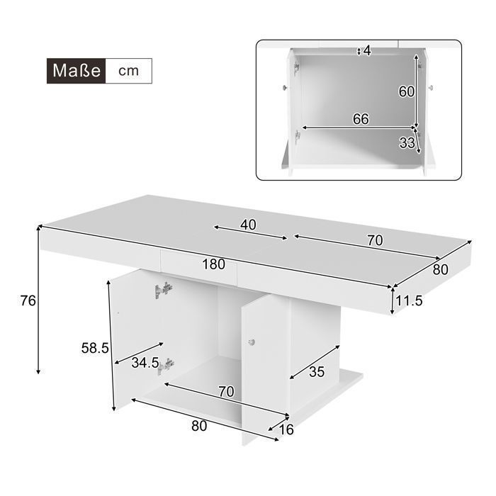 Mesa de comedor extensible - Blanca - 140/180x80x76cm - 8 plazas - Diseño moderno
