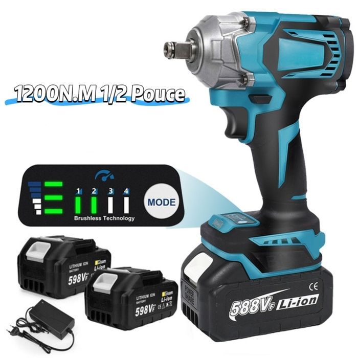 Llave de impacto eléctrica inalámbrica de 1/2 pulgada y 1200 N·m - Sin escobillas - Con 2 baterías de 3,0 Ah - 6700 rpm/7200 ipm - 8 ajustes de velocidad