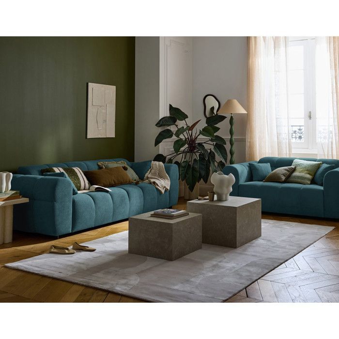 Ray - canapé droit 3 places en tissu texturé - Bleu grisé
