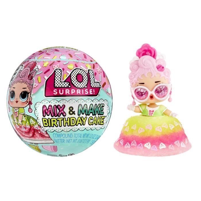 LOL Surprise Mix & Make Pastel de Cumpleaños - Mini Muñeca de 7,5 cm, Vestido con Forma de Pastel - Arma y Decora - Diseño Aleatorio