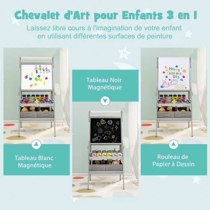 Tableau Enfant 3 en 1 - DREAMADE - Chevalet Enfant Double Face - Rouleau de Papier - 3 Pots de Peinture - 2 Boîtes en Tissu - Gris