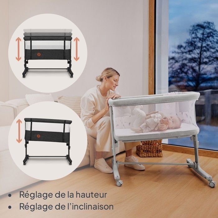 Berço LIONELO Aurora 3 em 1 para dormir junto com o bebê - Ajuste de altura e inclinação - Até 9 kg - Cinza escuro