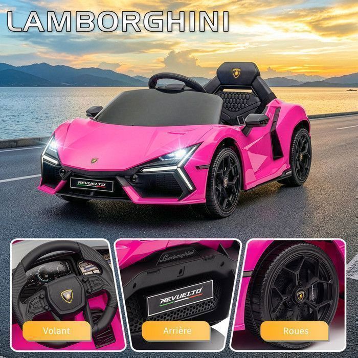 Voiture électrique Lamborghini Revuelto - LALAHO - 3 vitesses, avec télécommande 2.4 G, pour enfants de 3 à 6 Ans, Rose