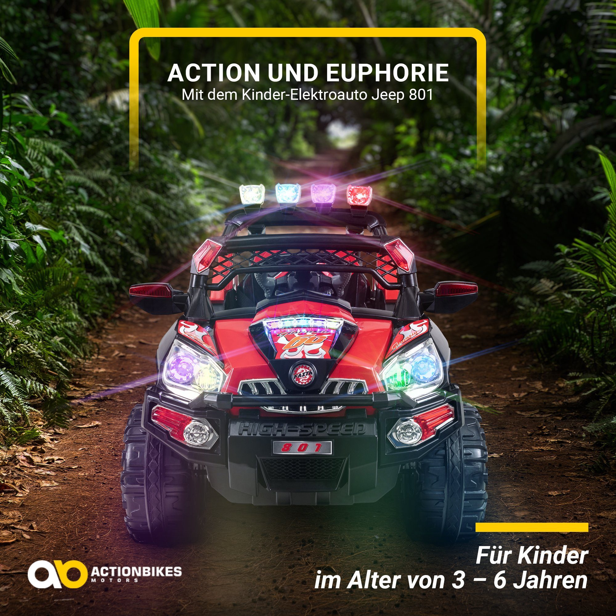 Actionbikes Motors elektrisches Kinderauto Jeep 801 mit Fernbedienung, Tragkraft 40 kg, (2-teilig), Offroad-Spielzeug für Kinder ab 3 Jahren – mit automatischer Bremse
