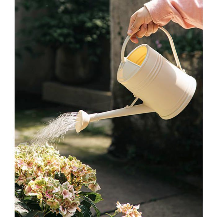 Regadera de 2 litros para plantas de interior - plástico beige con boquilla pulverizadora ergonómica y extraíble.
