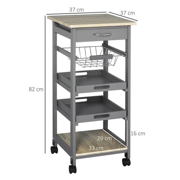 Carrito de servicio - HOMCOM - carrito de cocina con ruedas, cesta, 2 estantes extraíbles, cajón - MDF, pino - roble gris