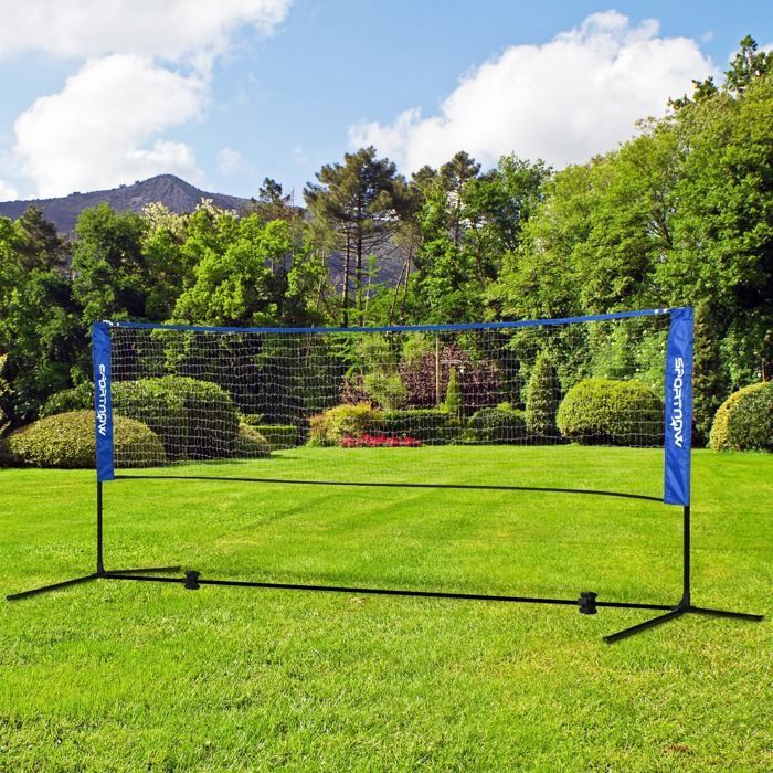 Badminton net - SPORTNOW - adjustable height from 107 to 155 cm - with carrying bag - metal frame - black, blue