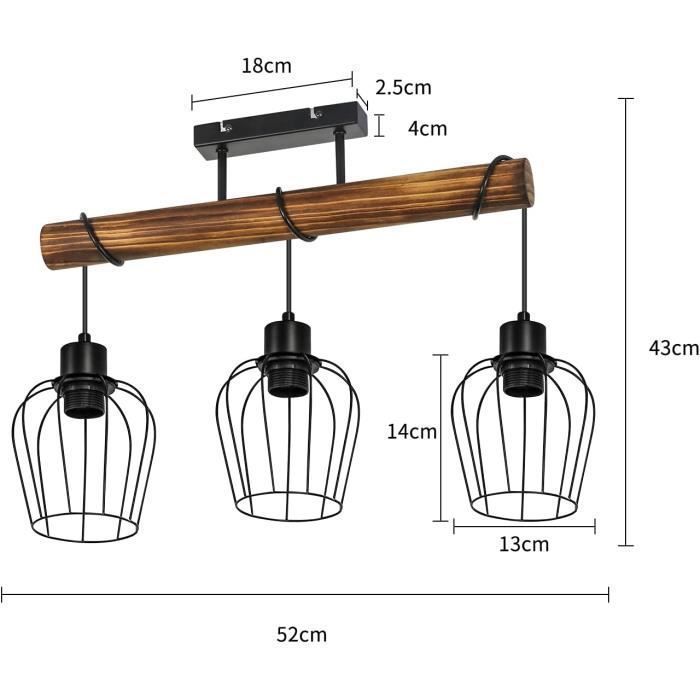 Homefire 3x E27 Vintage-Deckenleuchte aus Holz – Metall und Holz – Höhenverstellbar – 52 x 13 x 43 cm – Schwarz