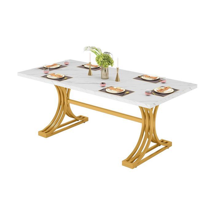Table à manger moderne - 160×80×75 cm - Piètement structure métal - Pour salle à manger, cuisine (blanc/doré)