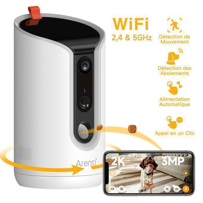 Telecamera di sorveglianza ARENTI con distributore automatico di cibo per gatti, fotocamera da 3 MP per gatti/cani, audio bidirezionale, rilevamento del movimento