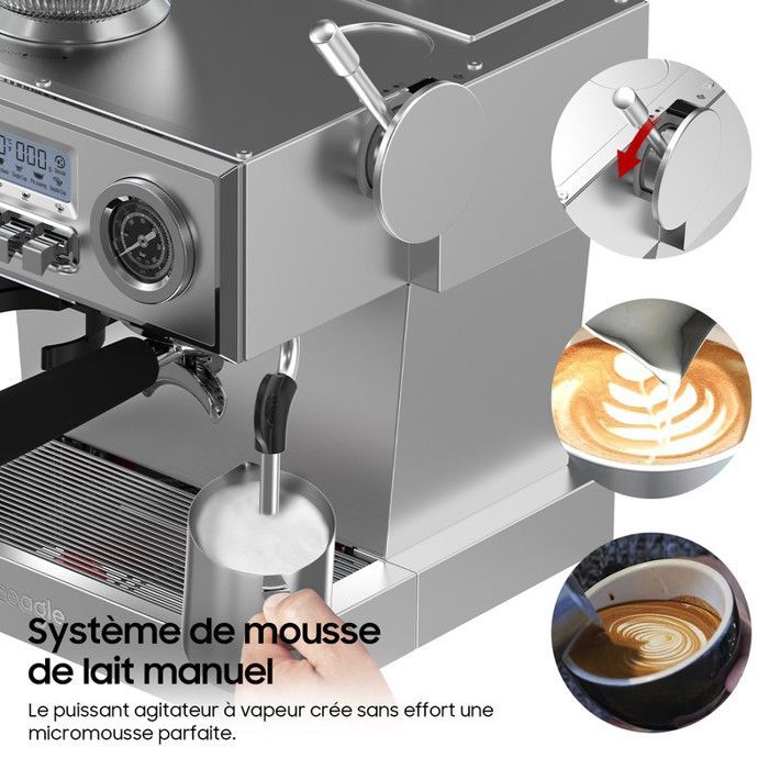 Iceagle-espressokone - italialaistyylinen - 20 baarin pumppu - 1350 W - 25 asetusta - integroitu jauhin - LCD-näyttö - 3 lämpötila-asetusta - 1,6 l