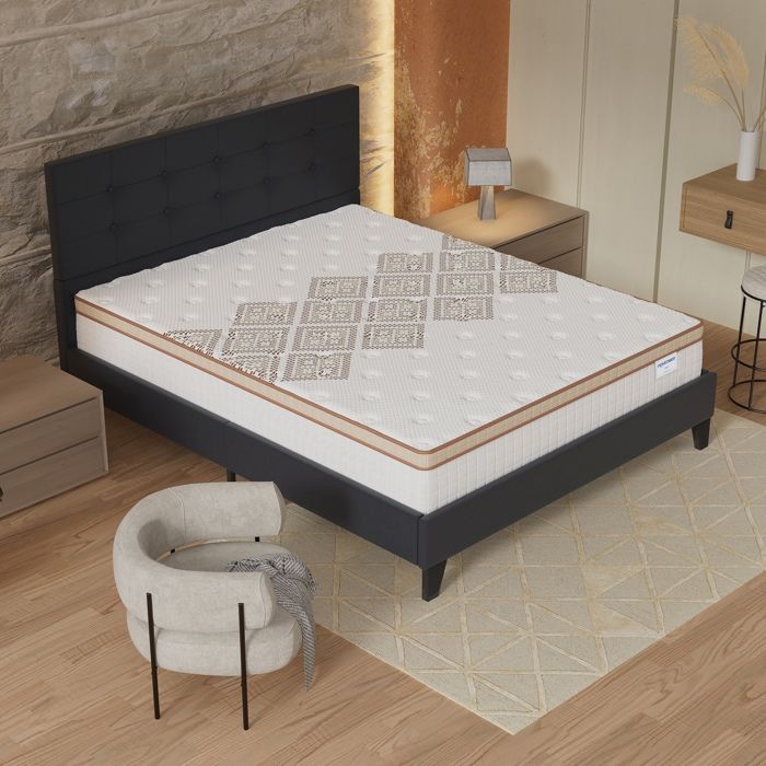 Colchón y cama (140x200cm) - Muelles ensacados Errakis de 28cm y espuma de alta densidad + Base de láminas estable y cabecero tapizado en negro