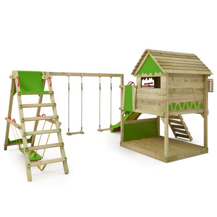 Tour de jeux bois FATMOOSE TikaTaka Town XXL avec toboggan 220 cm vert pomme, bac à sable et SurfSwing – 10 ans de garantie*
