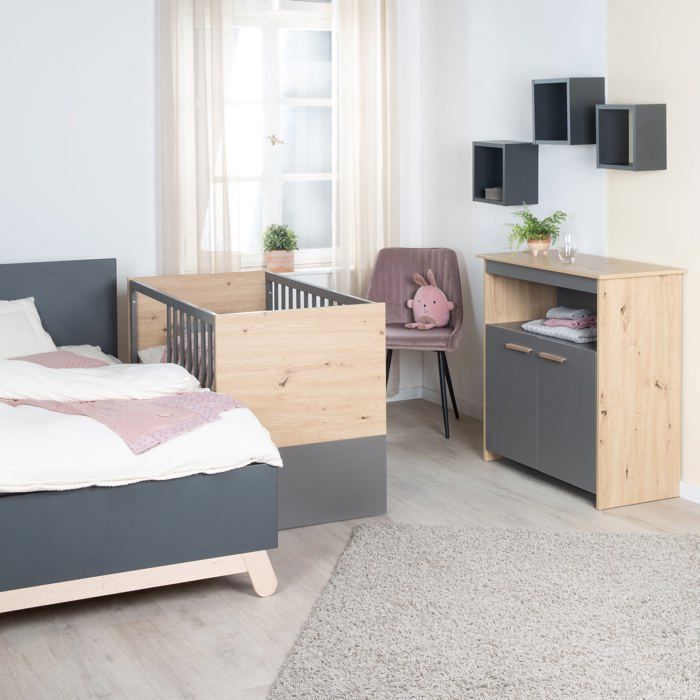 Baby room duo: Cot 60 x 120 cm + convertible changing unit - ANNA - ROBA - Kent Oak / Anthracite