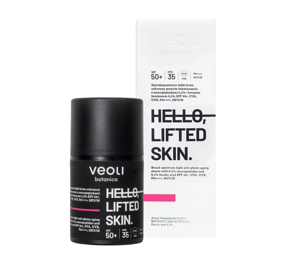 Veoli Botanica Hello, Lifted Skin szerokopasmowy lekki krem ochronny SPF50  z 0,2% neuropeptydami i 0,2% kwasem ferulowym 50 ml