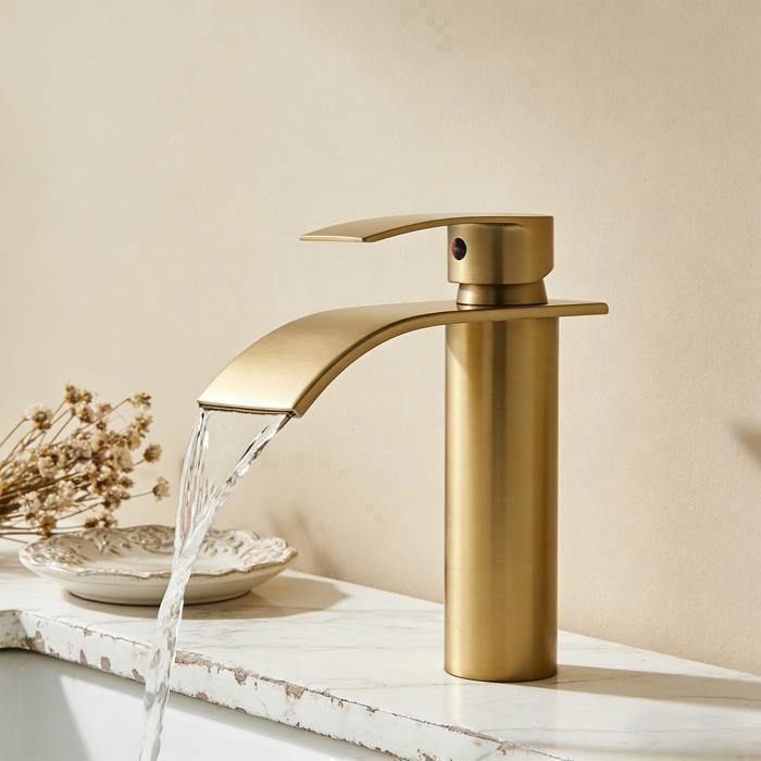 Rubinetto per lavabo da bagno, miscelatore a cascata per lavabo, miscelatore per lavabo, rubinetto per lavabo da bagno, oro spazzolato