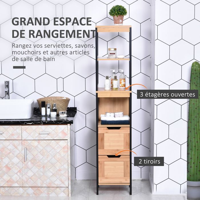 Meuble colonne salle de bain - HOMCOM - style cosy 3 étagères 2 tiroirs rangement gain de place - bambou - 30x30x144cm - noir