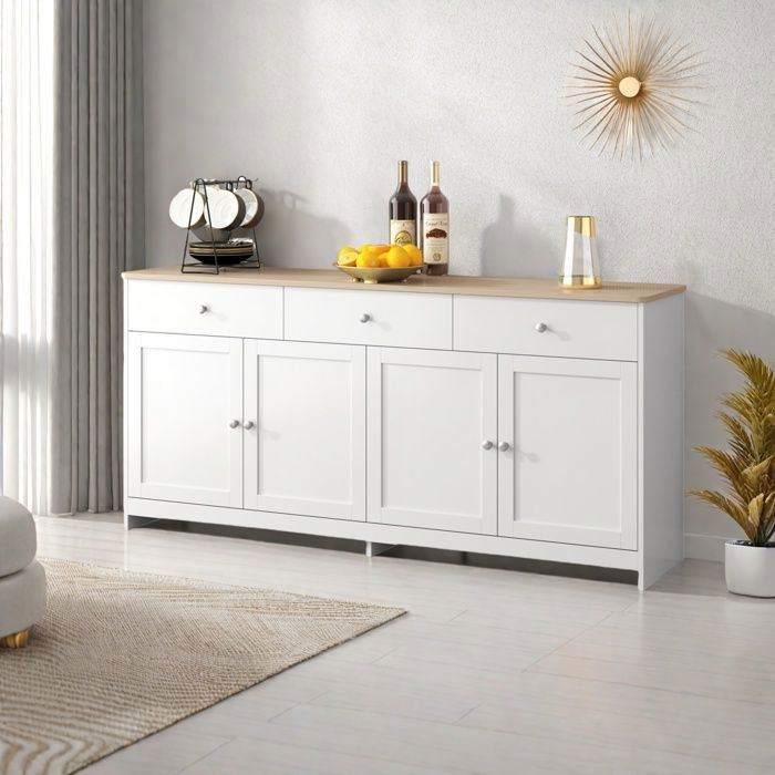 Buffet - 4 portes et 3 tiroirs - Blanc et bois - 160x37x75 cm - Style rustique moderne