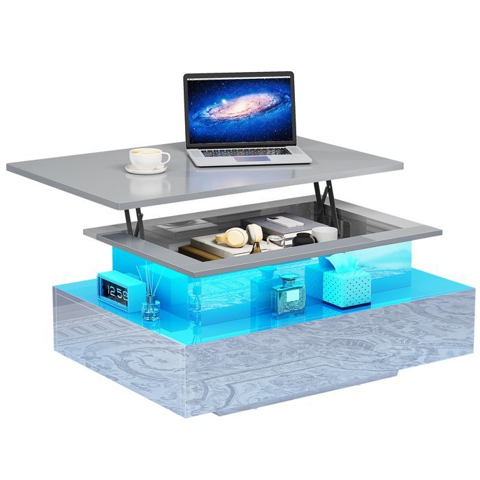 Balconera High-gloss lacquered coffee table with LED strip and 2 drawers, 85 cm (W) x 55 cm (D) x 41 cm (H), grey