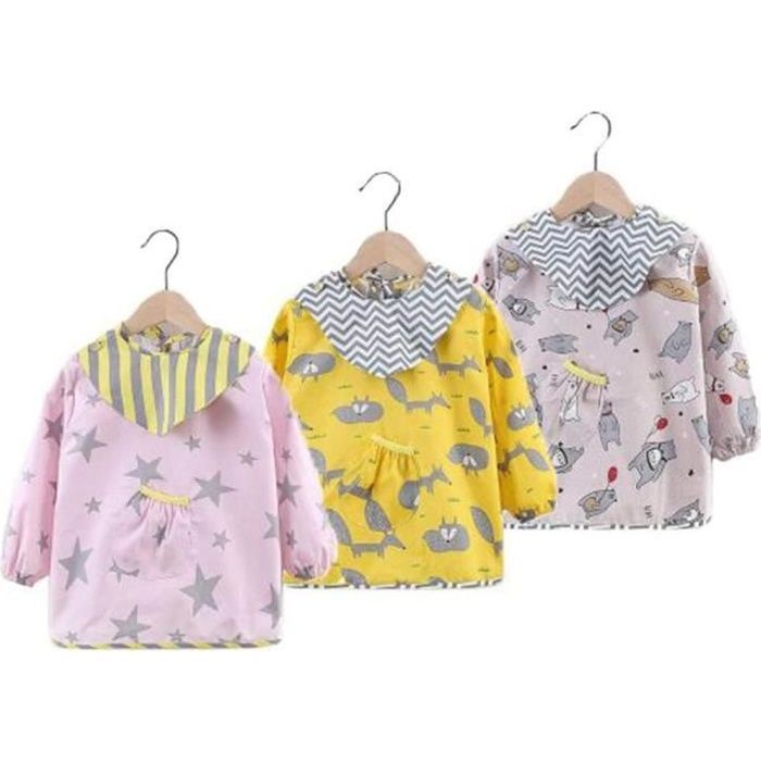 NOVAGO - 3 Durable Cotton Bib Aprons with Long Sleeves, Mealtime, Play, and Painting Aprons for Children 12 to 36 Months