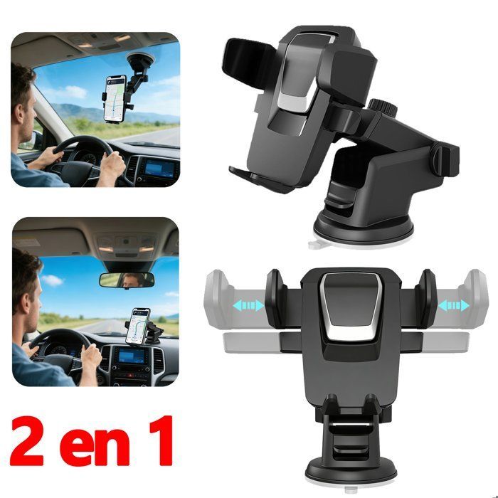 Suporte para celular veicular com ventosa giratória 360°, montagem no painel/para-brisa, universal para smartphones iPhone e Samsung.