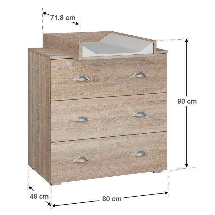 Commode avec plateau à langer en bois - Beige - L 80 x P 48-72 x H 90 cm