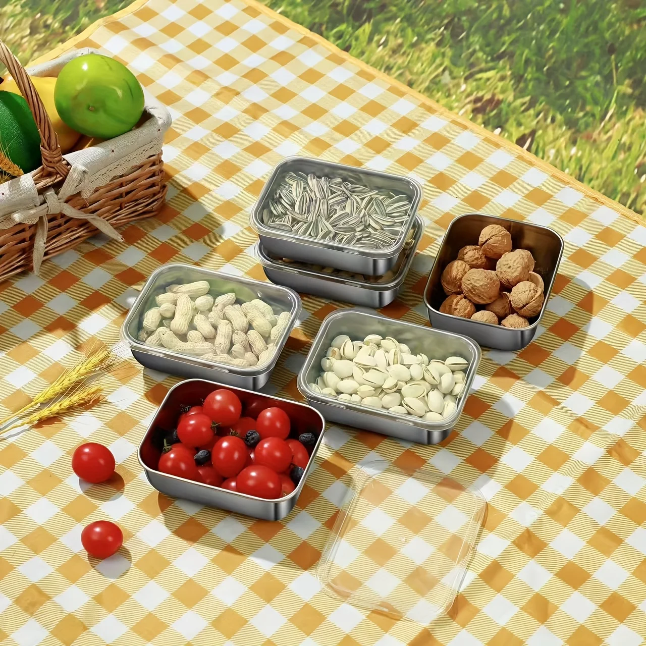 Boîte de conservation alimentaire 4/6 pièces avec couvercle, idéale pour conserver les légumes, les fruits et les accessoires de cuisine.