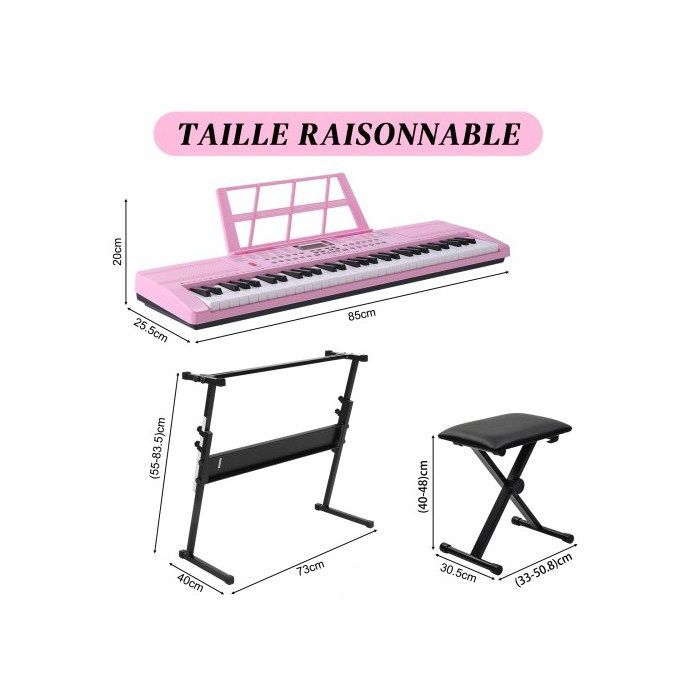 Teclado de piano de 61 teclas con soporte y banqueta, 200 timbres, 200 ritmos, 60 canciones de demostración - Rosa + Negro