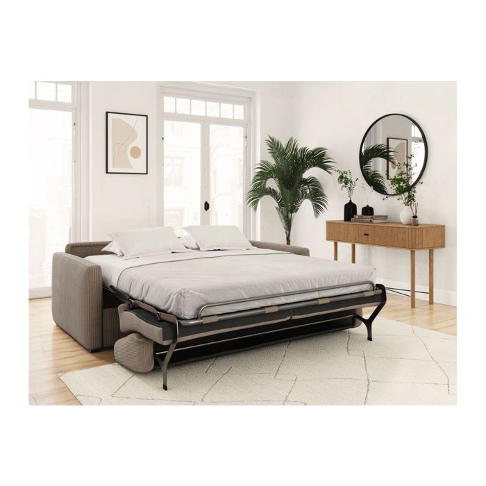 Canapé convertible express 3 places AGATHE 140x190cm en velours côtelé - Taupe - Matelas 13cm - L178 x P96 x H88cm - LOUNGITUDE