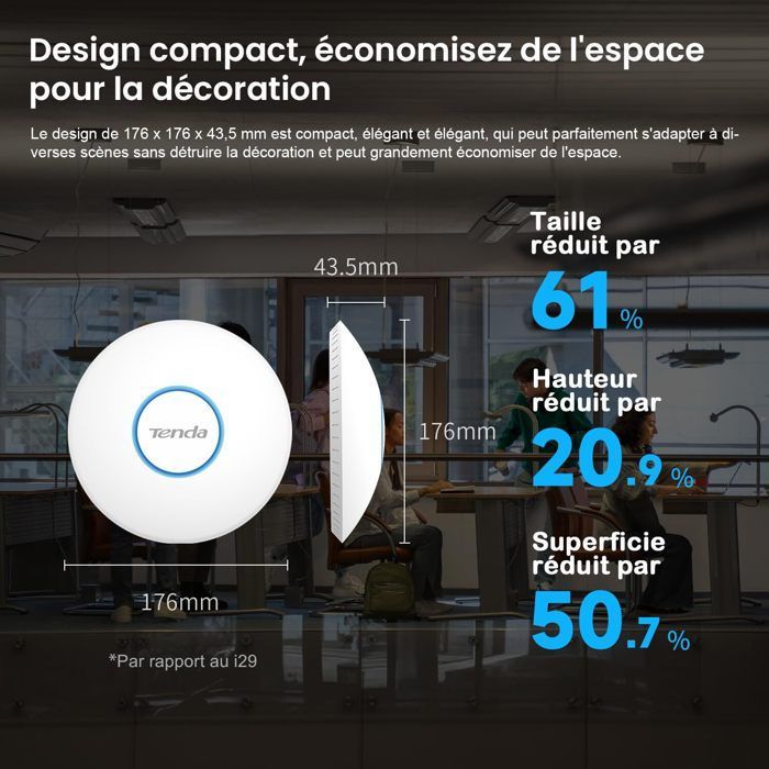 Access point Tenda I27 WiFi 6 AX3000, Dual Band Gigabit, PoE+, montaggio a soffitto, roaming, MU-MIMO/OFDMA, 150 m²