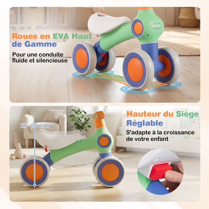 Cochecito infantil COSTWAY con 4 ruedas de EVA, asiento y manillar ajustables, para niños y niñas, capacidad de carga de 30 kg, 52 x 18 x 38 cm, verde.