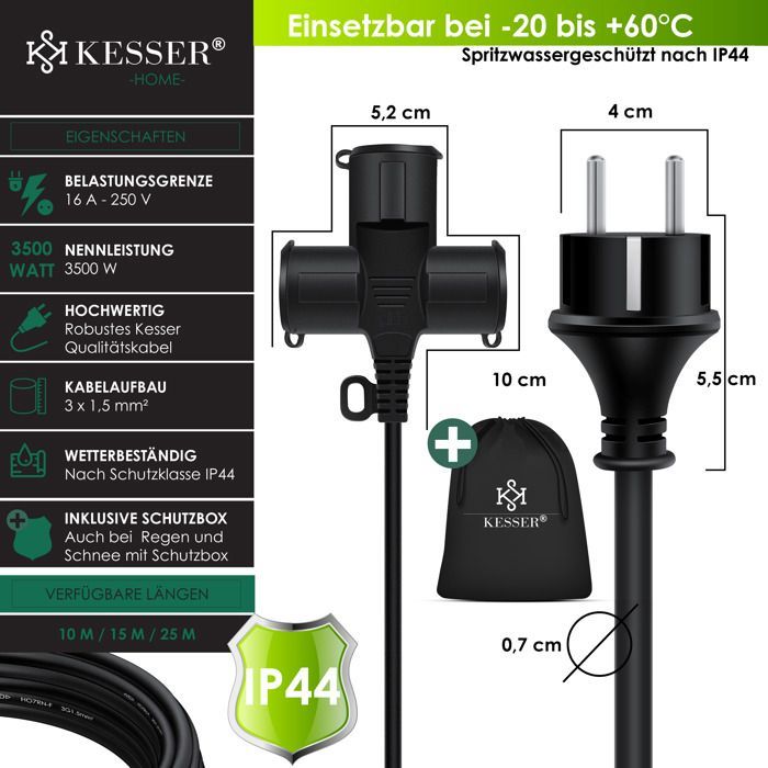 Cable de extensión para exteriores - KESSER - 50 m - IP44 - 230 V - Enchufe Schuko - Resistente a la intemperie