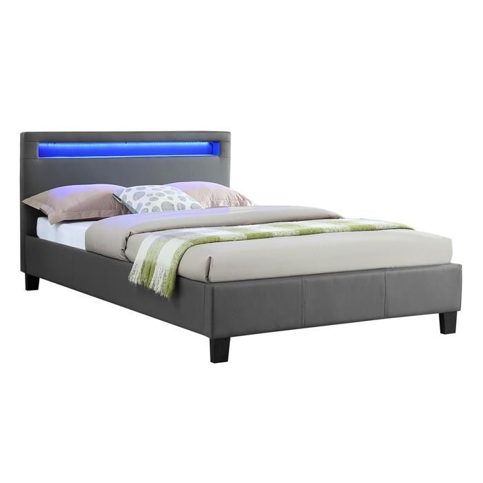 Cama individual LED de 120x190 cm con somier de láminas, cabecero confortable, cama individual con tapicería sintética gris, MIRANDO