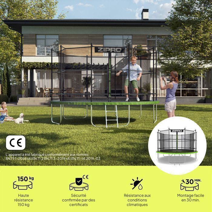 Trampolino da esterno - ZIPRO - Jump PRO - 12 ft Rotondo Ø 374 cm - Carico massimo 150 kg - Rete di sicurezza
