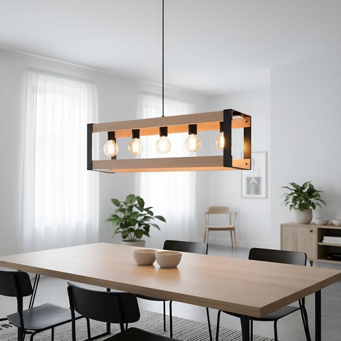 Suspension - NETTLIFE - 5 Flammes - Noir - E27 - Bois/Metal - Scandinave Moderne