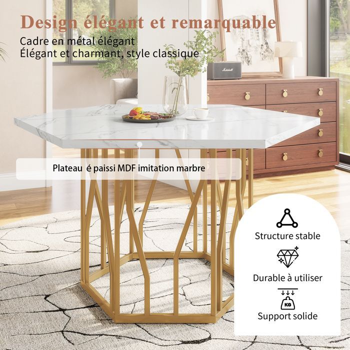 Mesa de comedor moderna - MDF - Patas doradas - Mesa de cocina - 115,5 x 100 x 75 cm - Blanca