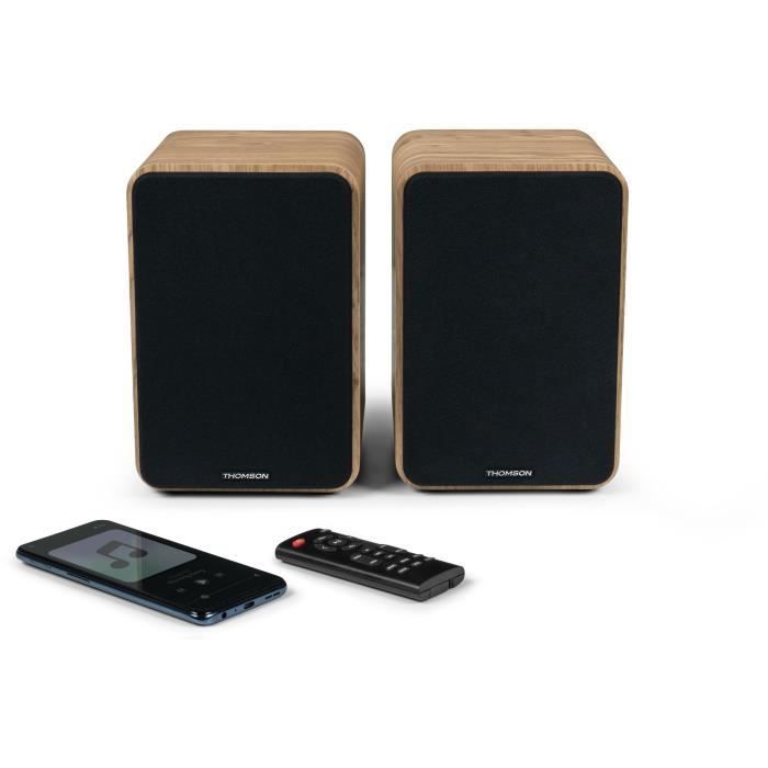 THOMSON WS602DUO - Set di 2 altoparlanti con mobile in legno - 100W - Bluetooth 5.0 - 2 uscite RCA - Legno chiaro