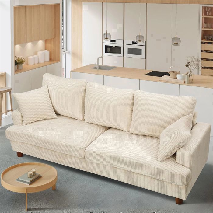 Large 3-Seater Beige Corduroy Sofa, Scandinavian Style with 3 Cushions and 2 Pillows for the Living Room, 220×76×84cm