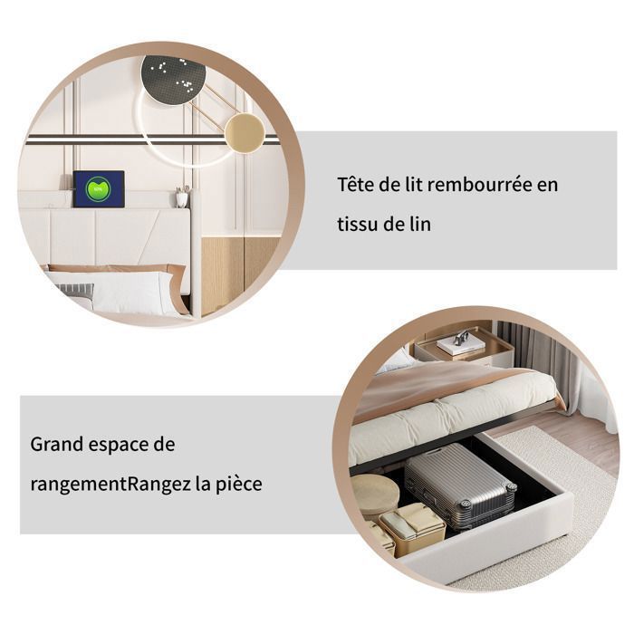 Lit coffre 160x200cm avec ports USB et Type C, lit adulte 160x200 cm avec rangement hydraulique, sommier à lattes, tissu lin, beige