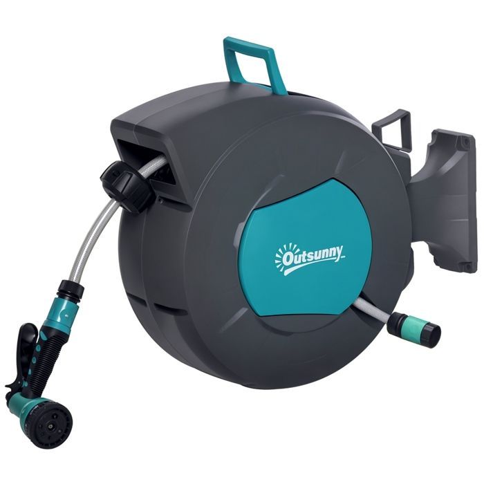 Enrouleur automatique - Outsunny - tuyau arrosage pivotant 180° tuyau 15+1,4 m lance support - plastique - turquoise gris