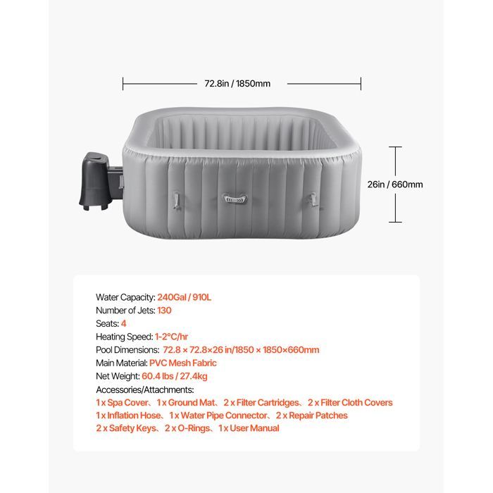 Inflatable Hot Tub - DUOKU - FJW624 - 4-6 Persons - 130 Jets - Grey
