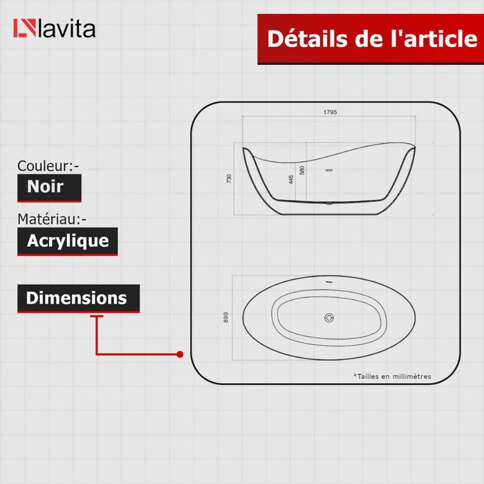 LAVITA Reus Black 1800 freestanding bathtub 180x89x73 cm acrylic | Rectangular bathtubs | Modern | 214 L | Black