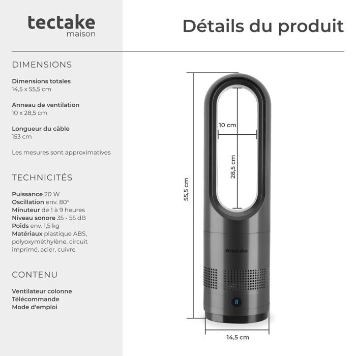 Ventilador - TECTAKE - Ventilador de torre POLAR con oscilación de 80°, 8 velocidades, 20 W - Gris antracita